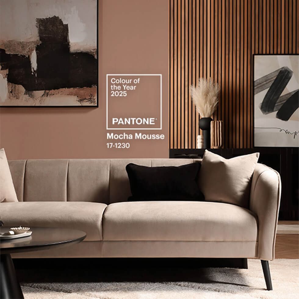 Beige living room in Pantone's Colour of the Year Mocha Mousse