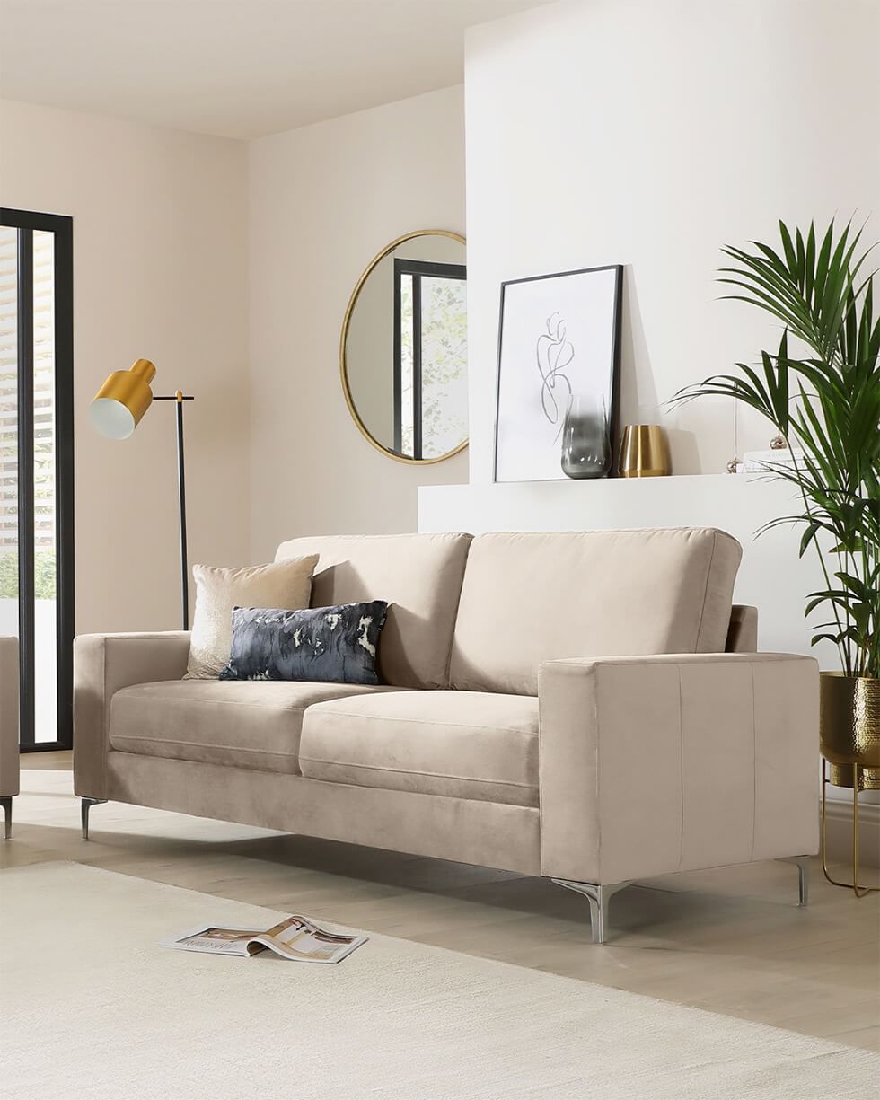 Beige living room with luxe sofa upholstery