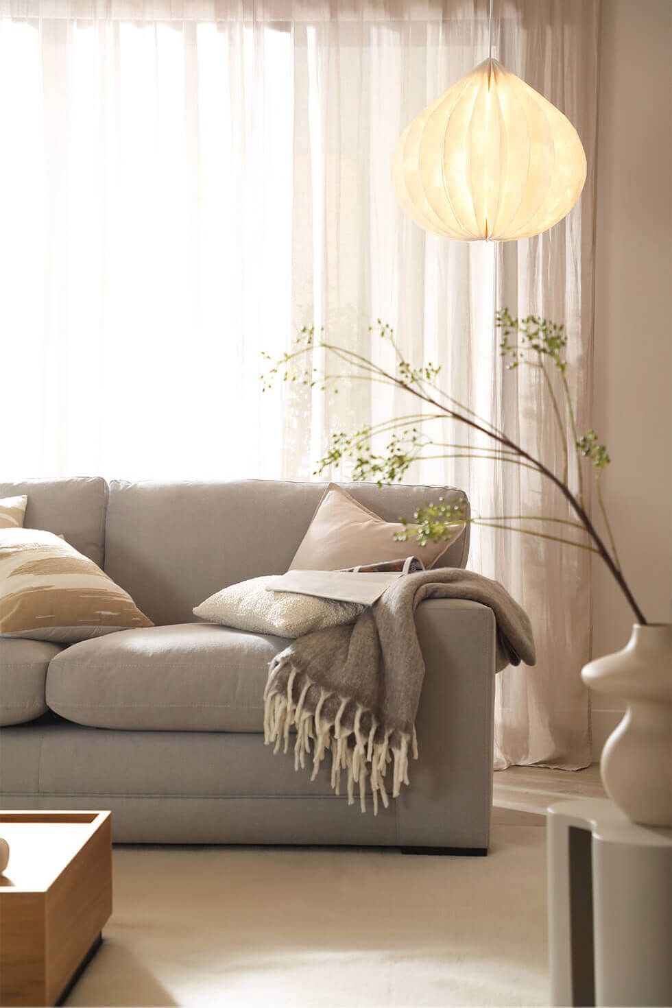 Beige living room with a lot of natural lighting