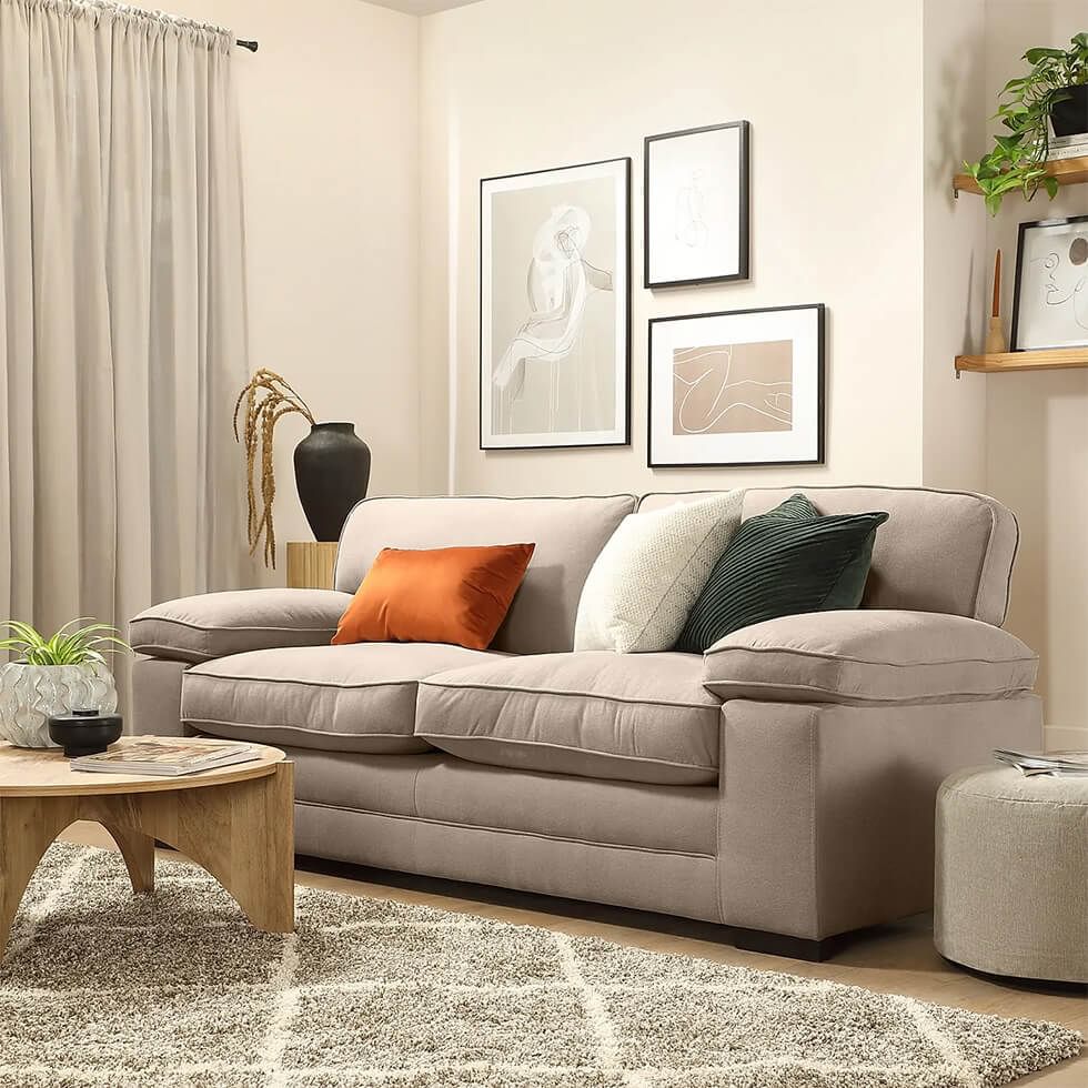 Beige living room with modern farmhouse decor