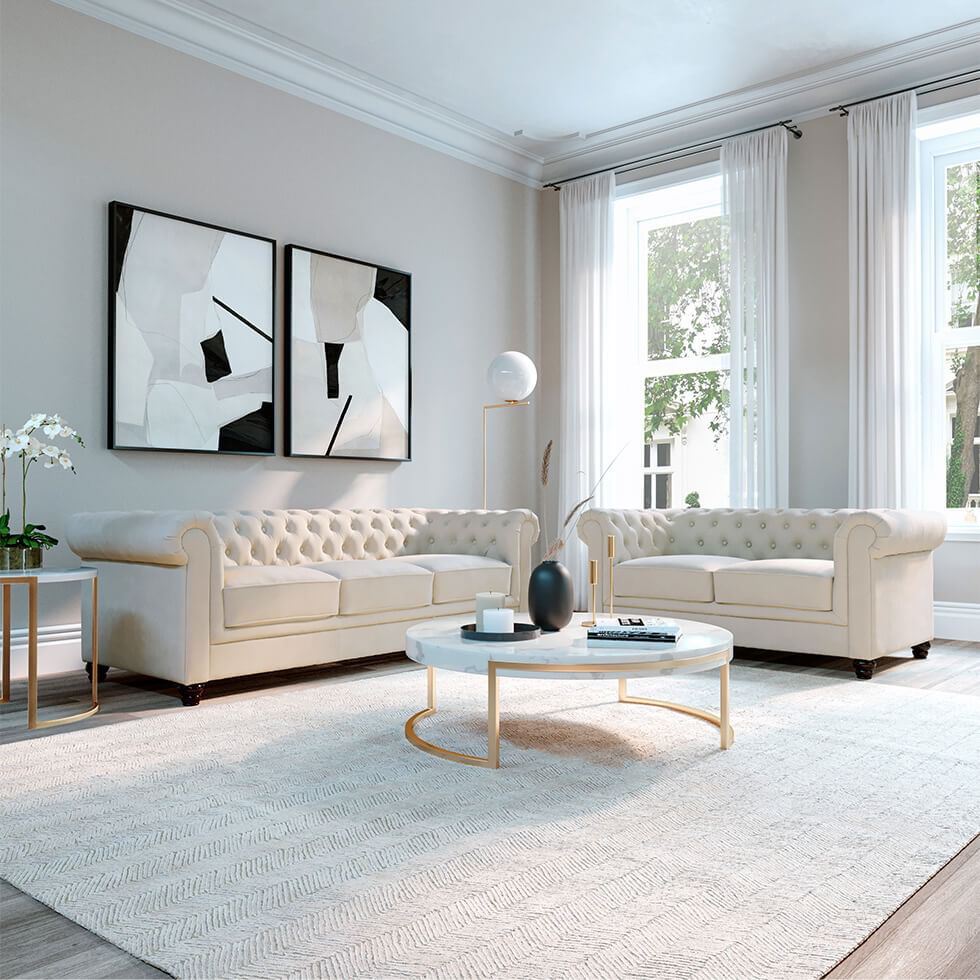 Formal living room with beige colour palette and soft textures