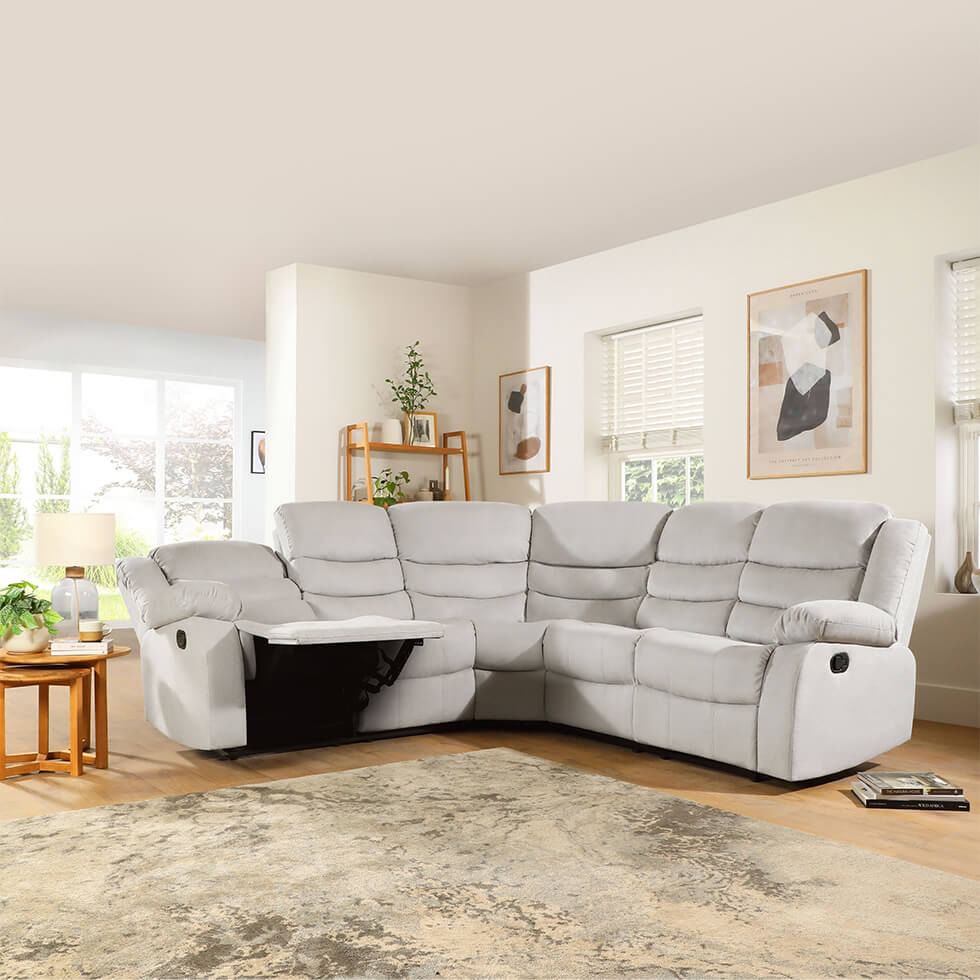 Comfy recliner corner sofa in a bright living room