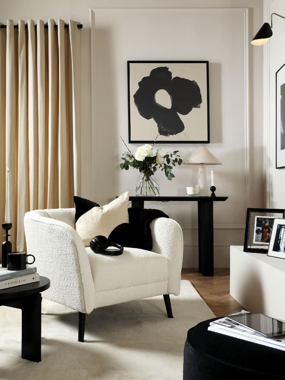 Monochrome white living room with wall panelling