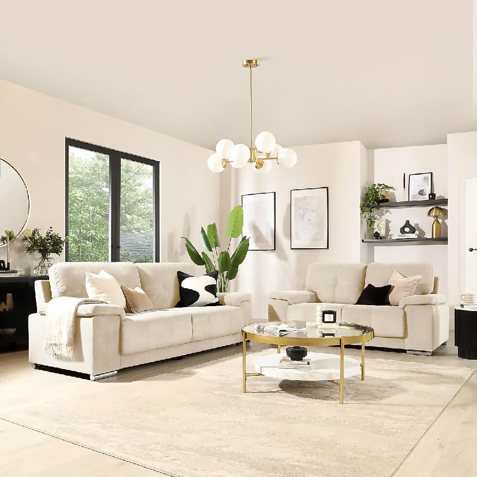 White living room with stylish lighting