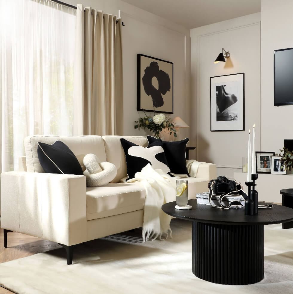 Monochrome white living room with black accents