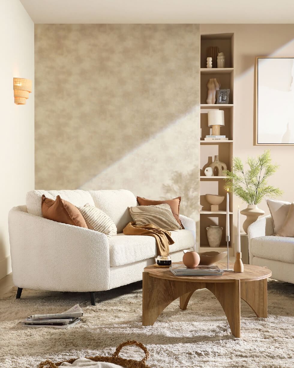 White living room with Japandi decor
