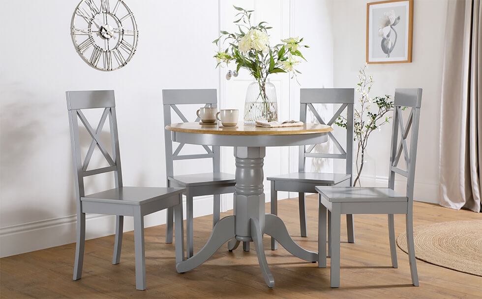 Wooden dining table and wooden dining chairs painted in grey