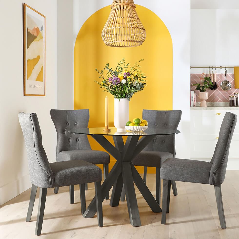 Full dark grey dining set with a yellow backdrop