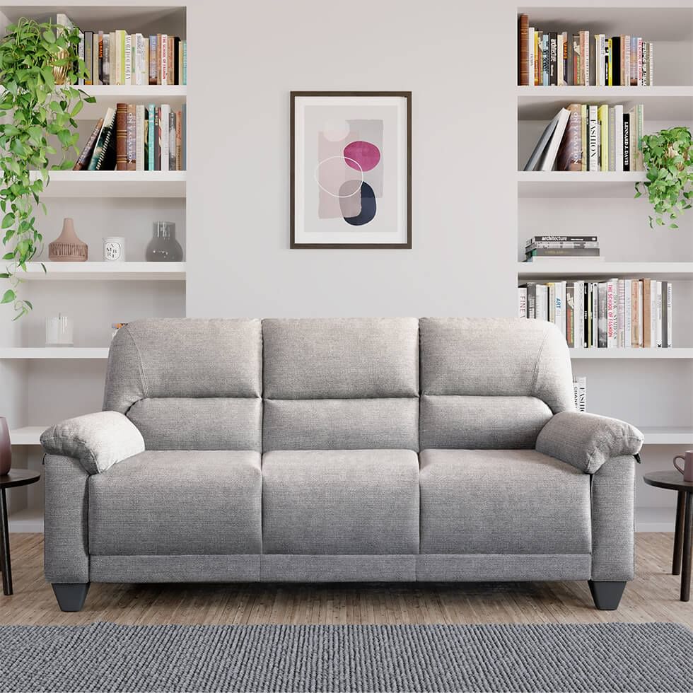 Grey living room featuring a comfortable grey sofa