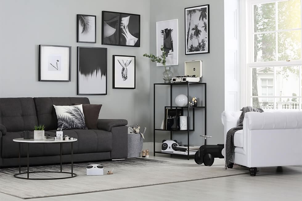 Monochrome living room with different shades of grey