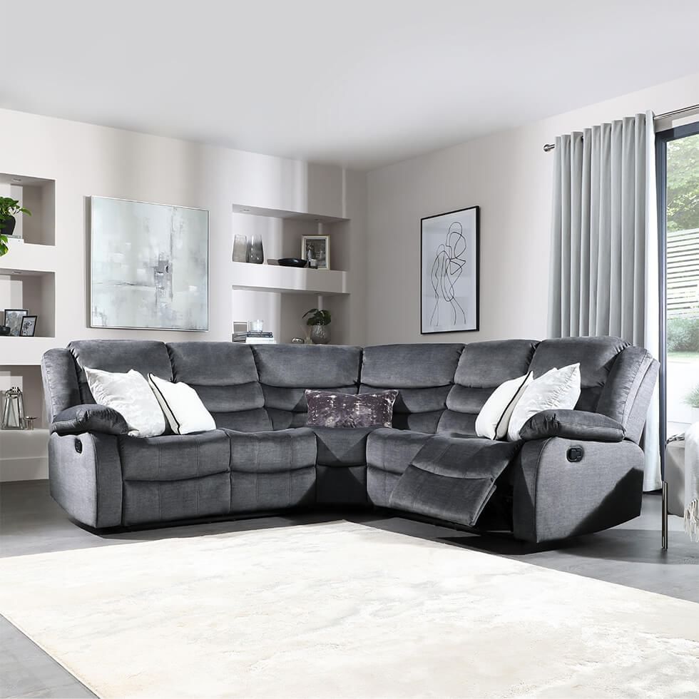 Grey living room with a recliner corner sofa