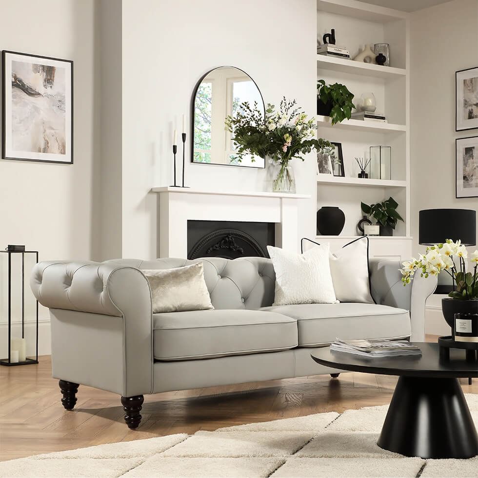 Grey leather sofa in a classic living room