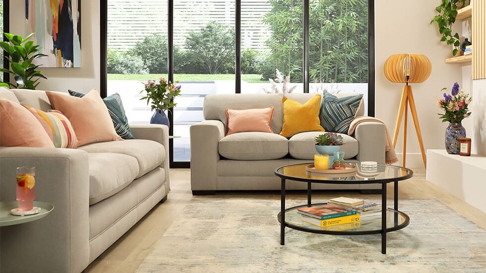 Matching grey sofa set in a stylish living room