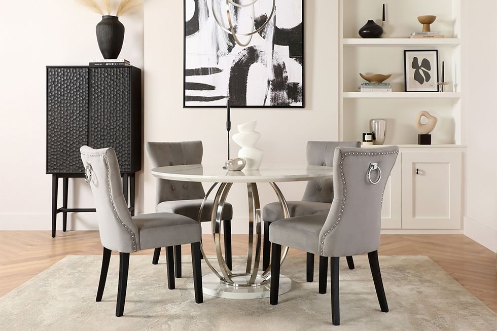 Round modern dining set in monochrome dining room