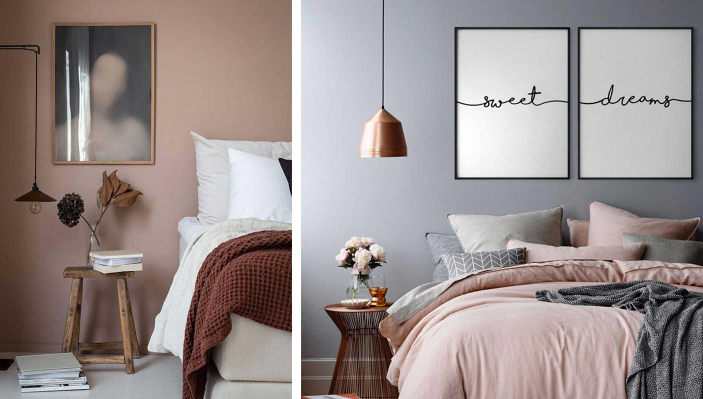 Pink and grey bedroom with pink bedding and grey walls.