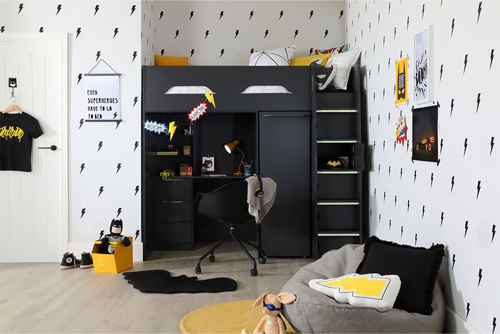 Modern Batman-themed bedroom with white walls and lightning bolt motifs