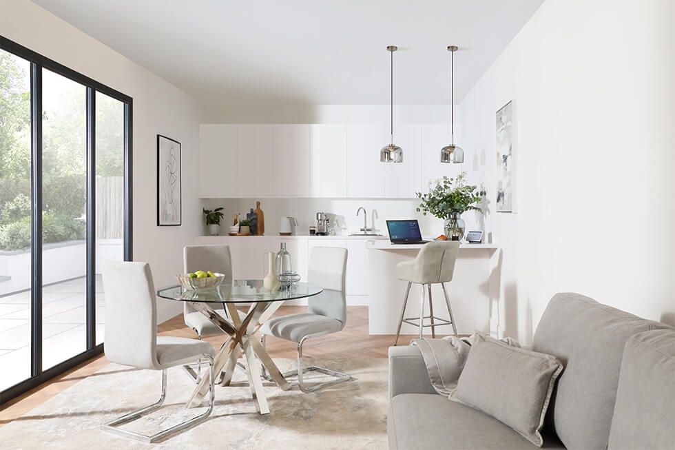 Modern dining room with sculptural pendant lamp