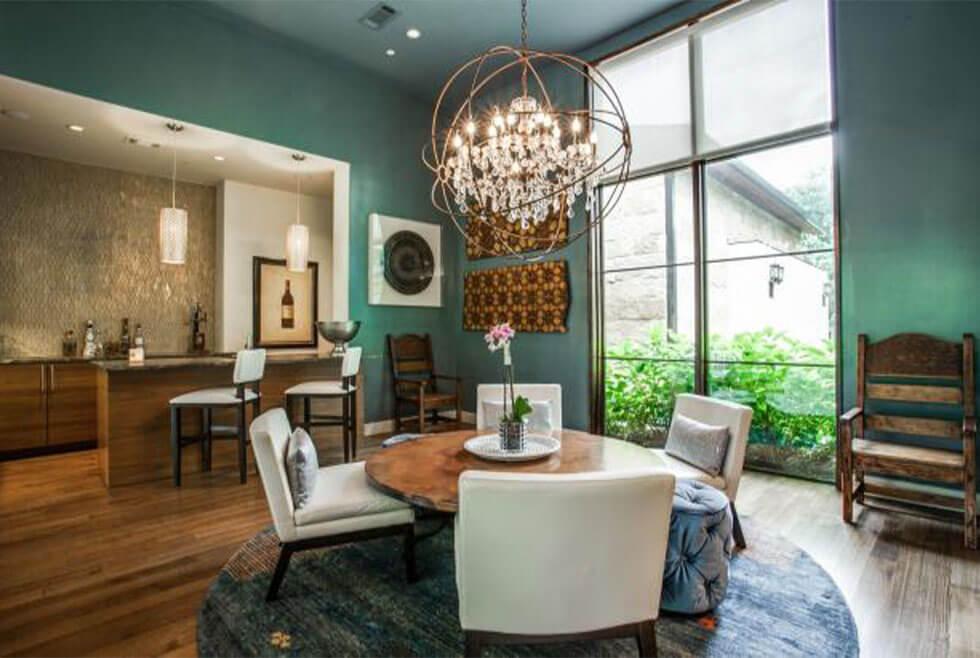 Modern dining room with geometric starburst chandelier