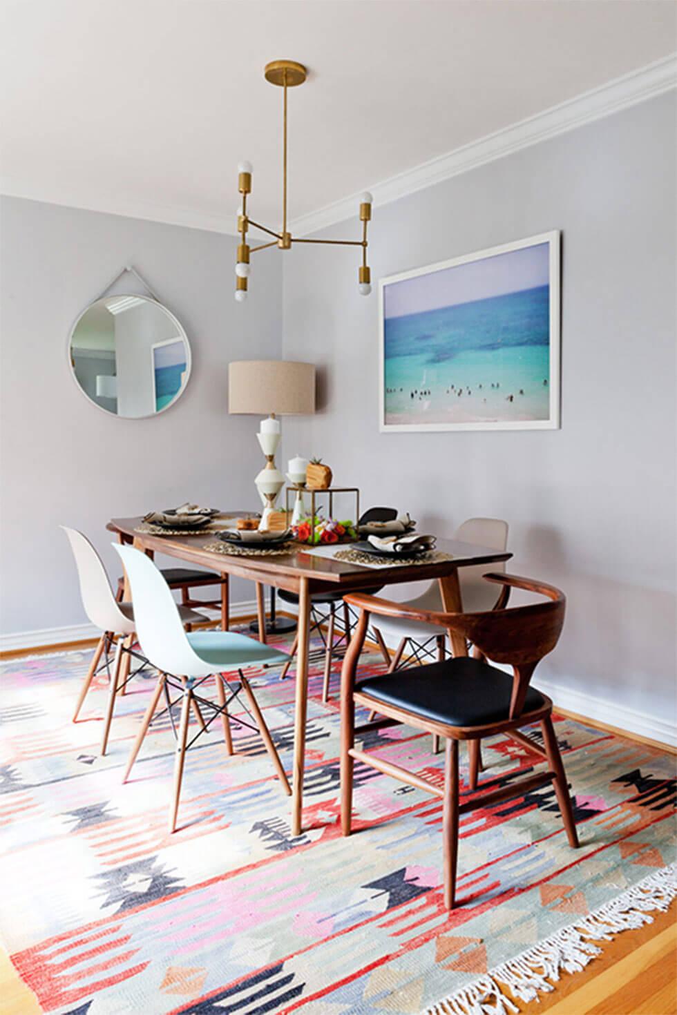 Modern dining room with aztec pattern rug