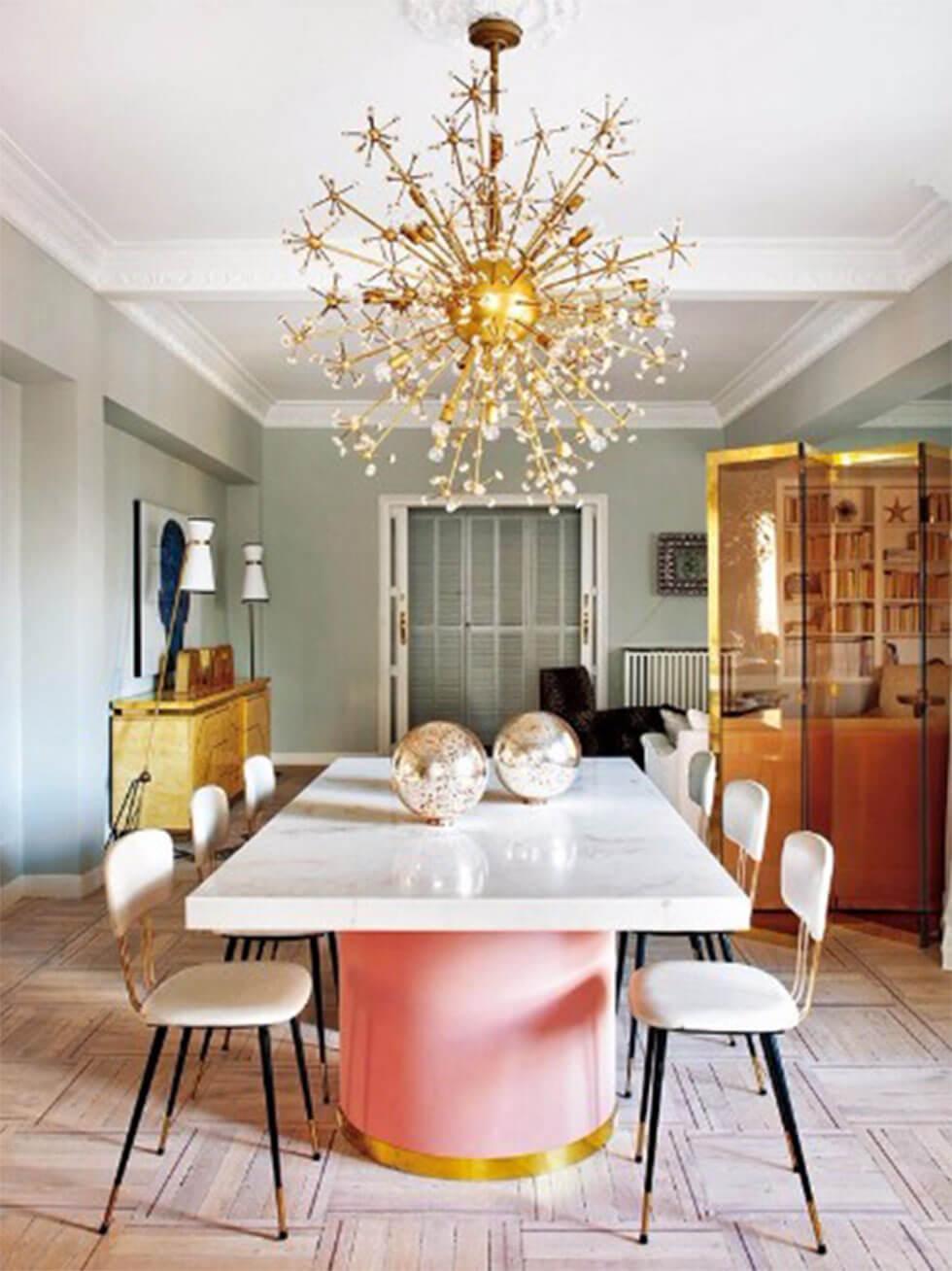 White dining set with coral pink pedestal table