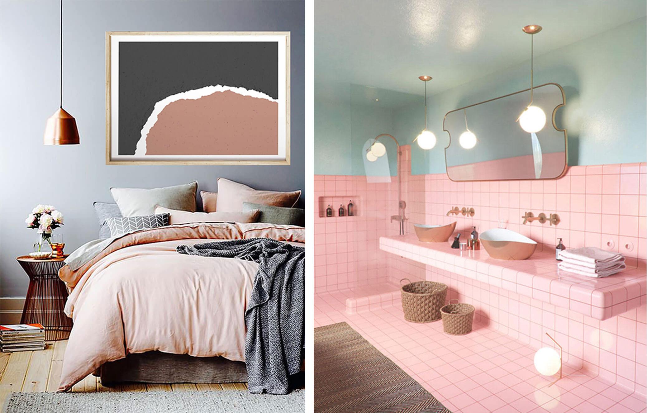 grey and pink cosy bedroom, pastel pink and mint bathroom