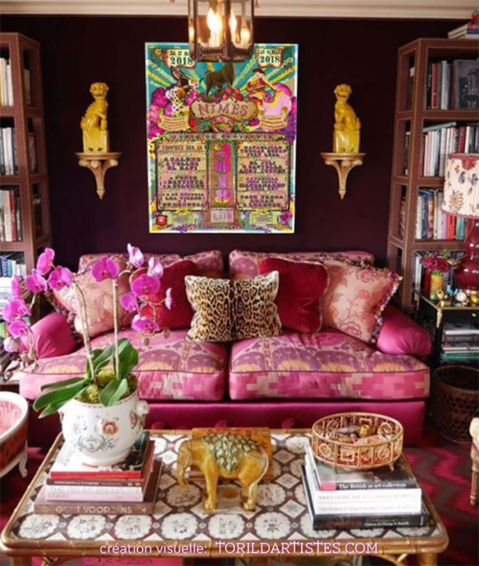 A patterned pink sofa in a maximalist living room