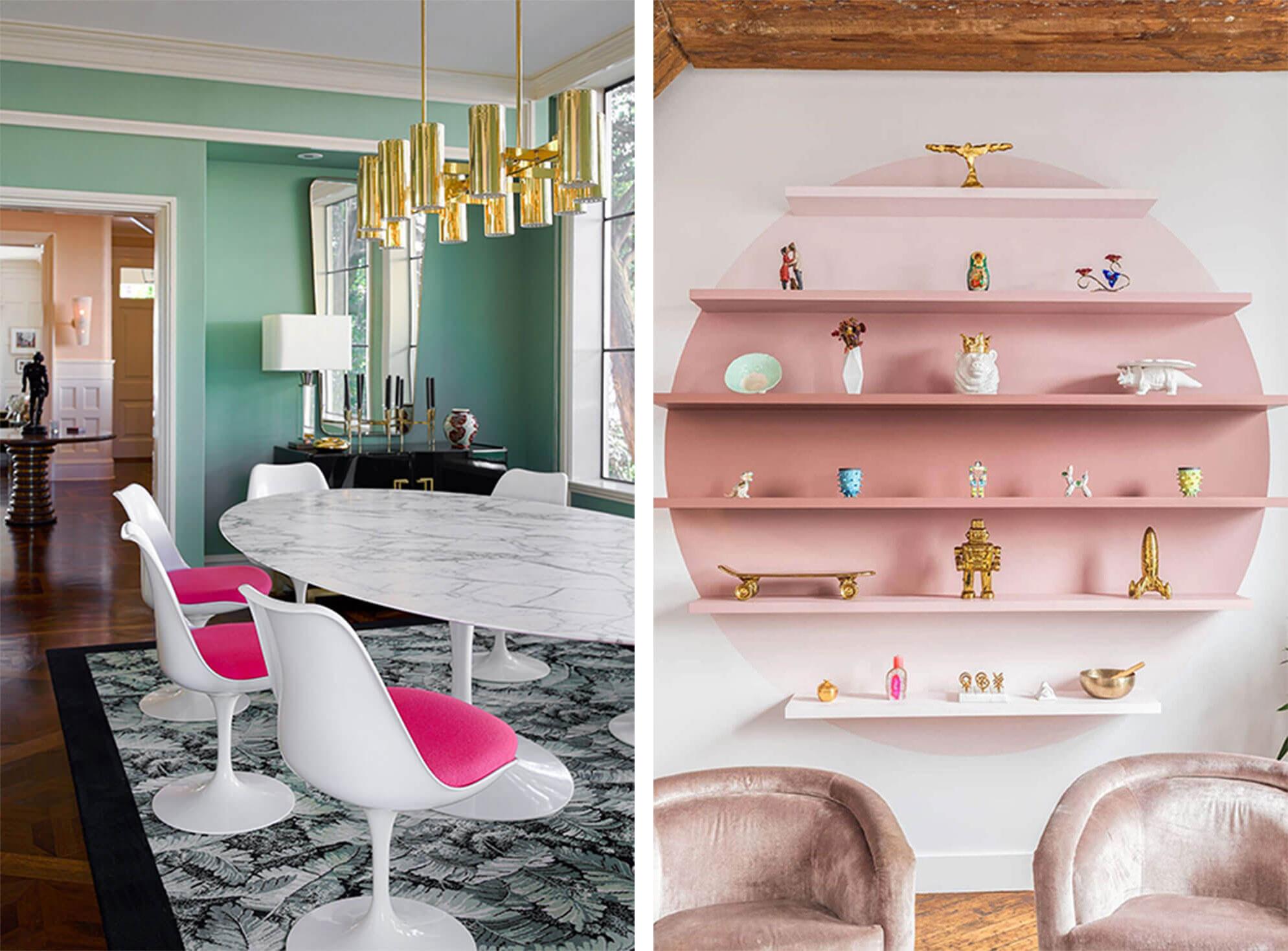 Pops of hot pink as dining room cushions, ombre pink accent wall with shelves