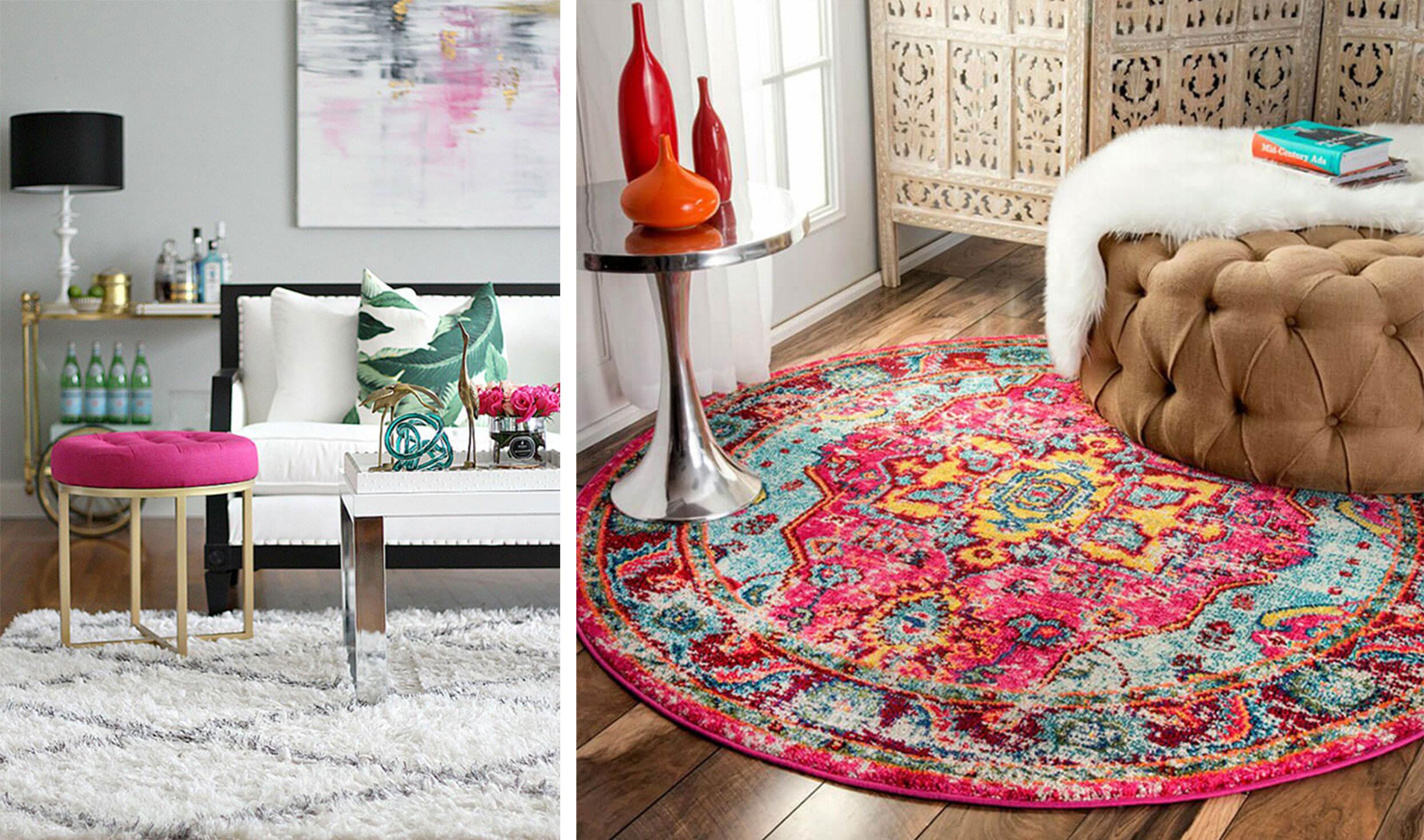 Bright pink stool cushion in an elegant living room, a Moroccan inspired pink rug in a bohemian living room