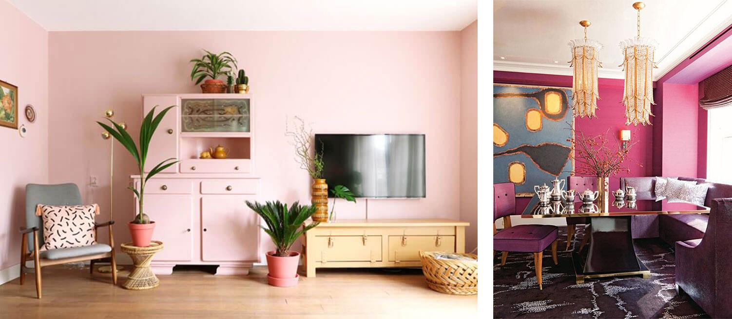Pastel pink walls in a Scandi boho living room, dark pink walls in a modern dining room
