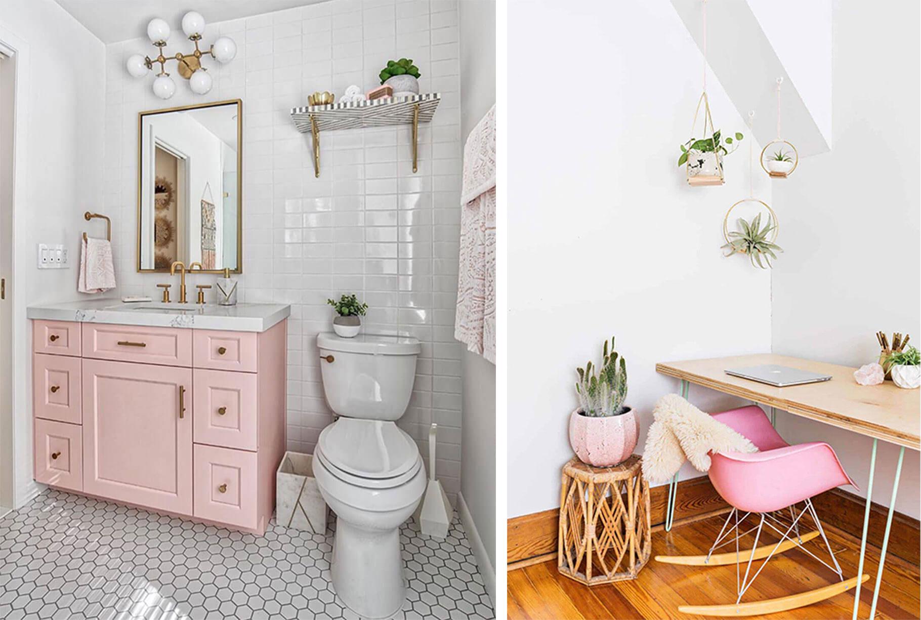 pastel pink cabinet in a modern bathroom, a pink rocking chair in a bohemian home office
