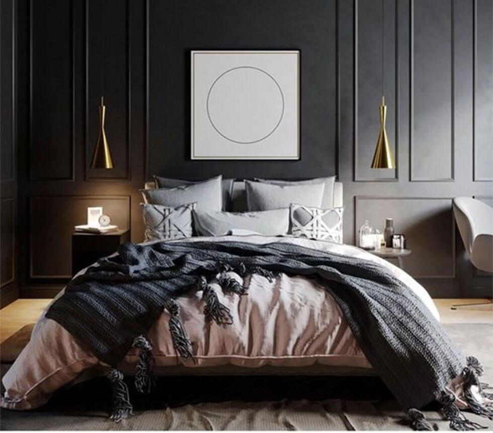 Dark grey bedroom with cosy neutrals