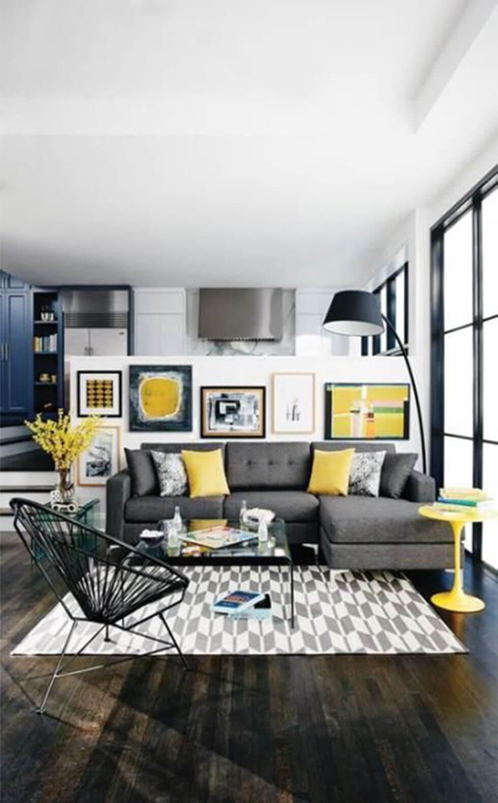 Colourful living room with grey fabric sofa