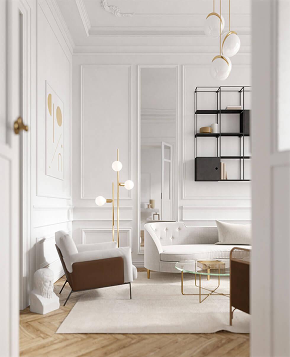 white and gold modern living room