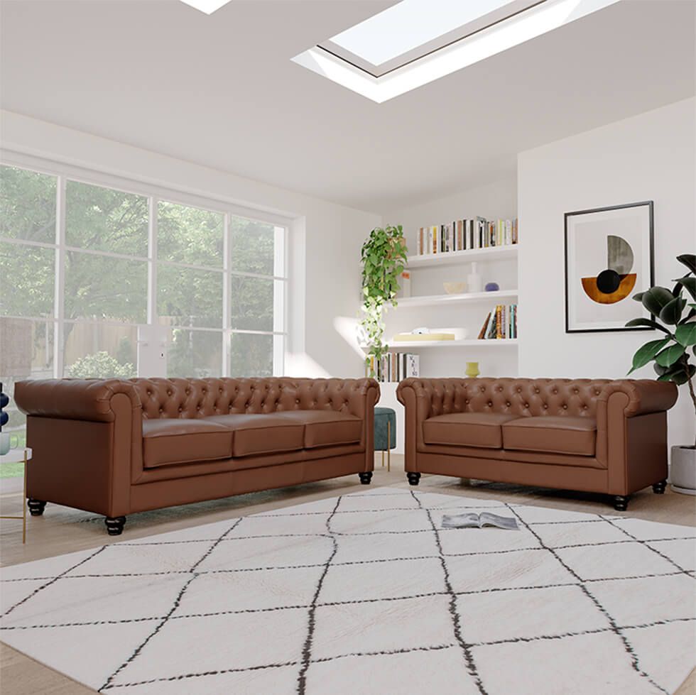 Tan leather chesterfield sofa in a contemporary living room