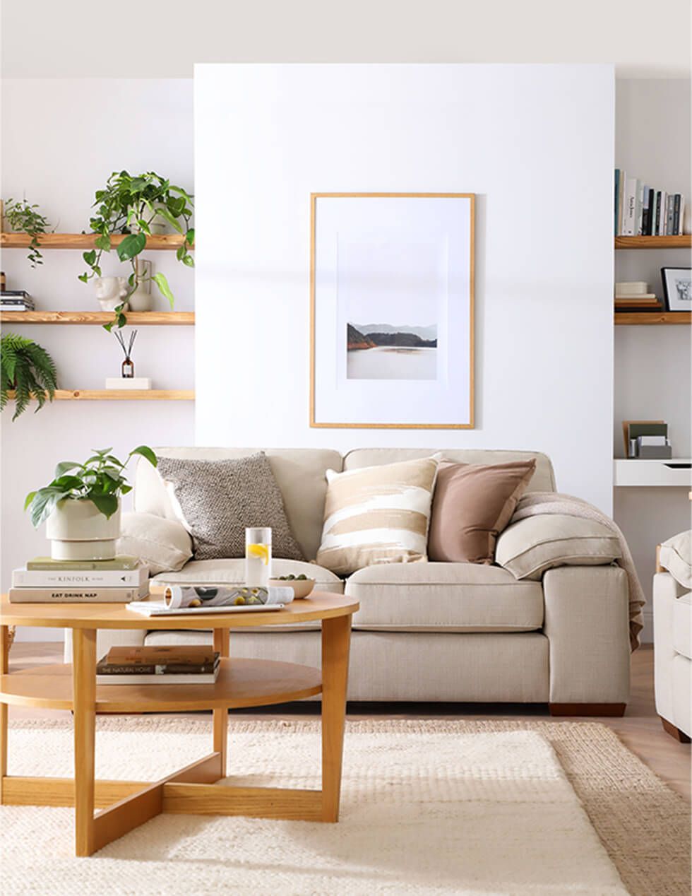 Oatmeal fabric sofa in modern farmhouse living room