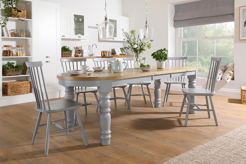 Painted two tone grey dining set with turned table legs and Windsor chairs