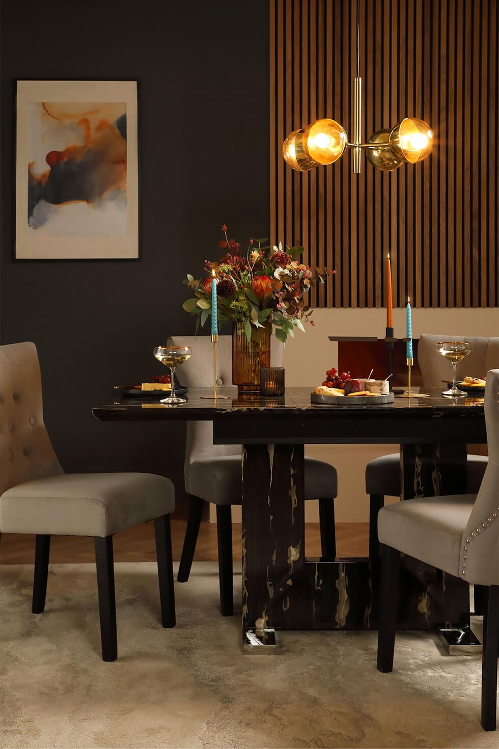 A black marble dining set in a sophisticated dining room