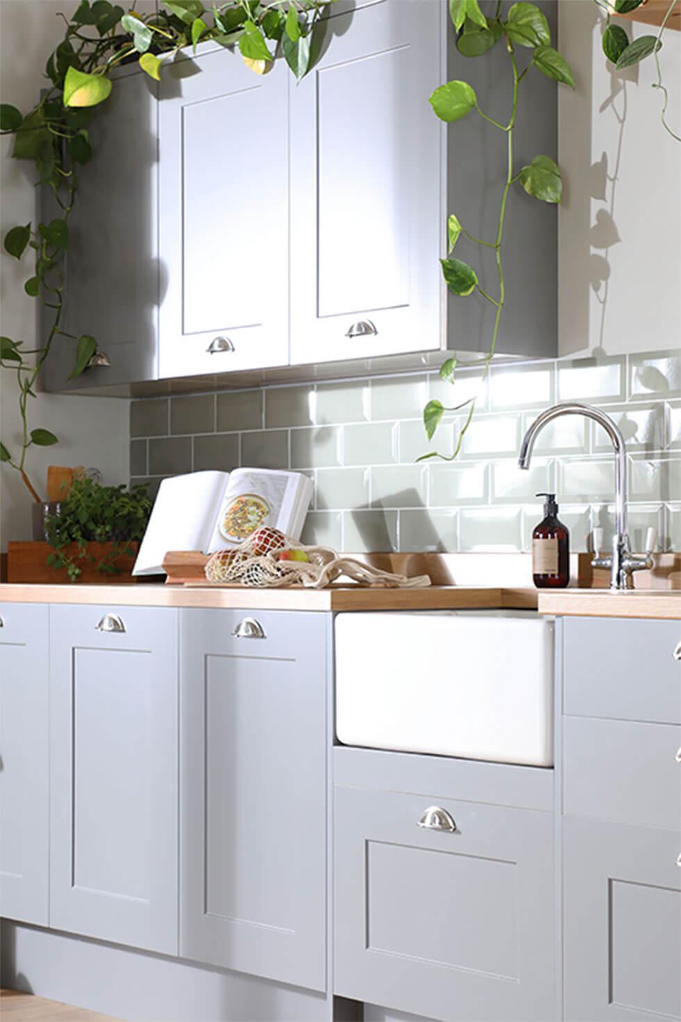 Trailing plants in a light grey kitchen in an eco-friendly home
