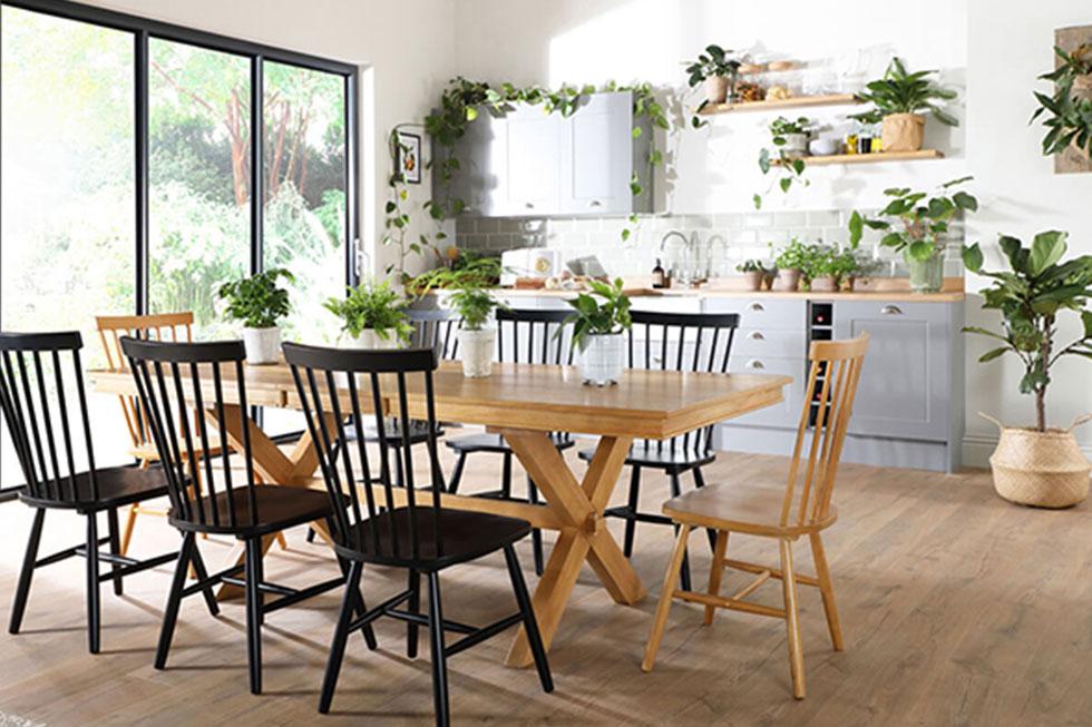 Dining and kitchen area filled with plants