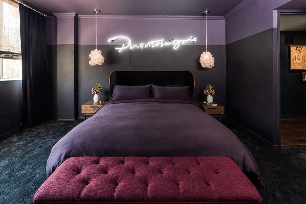 Two tone black and purple bedroom in a contemporary style