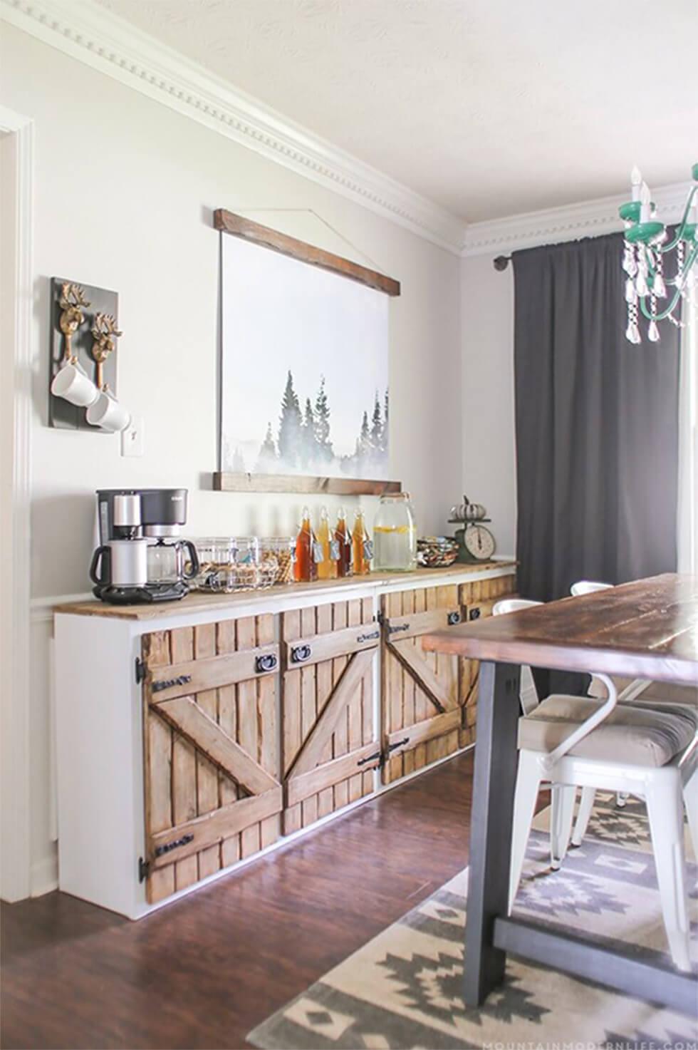 Rustic sideboard with upcycled farm doors in a country style dining room