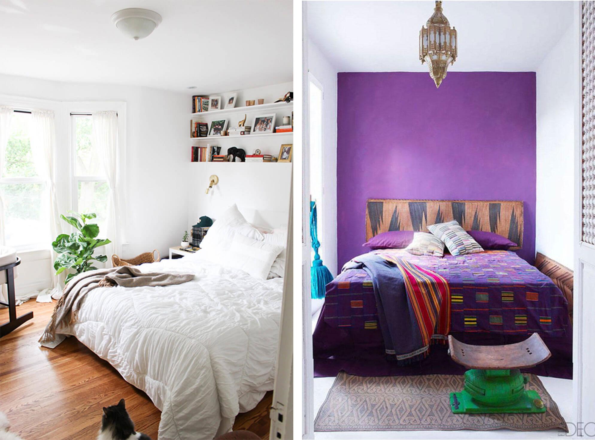 A small bedroom with built-in shelves and a feature wall to create the illusion of height and space.