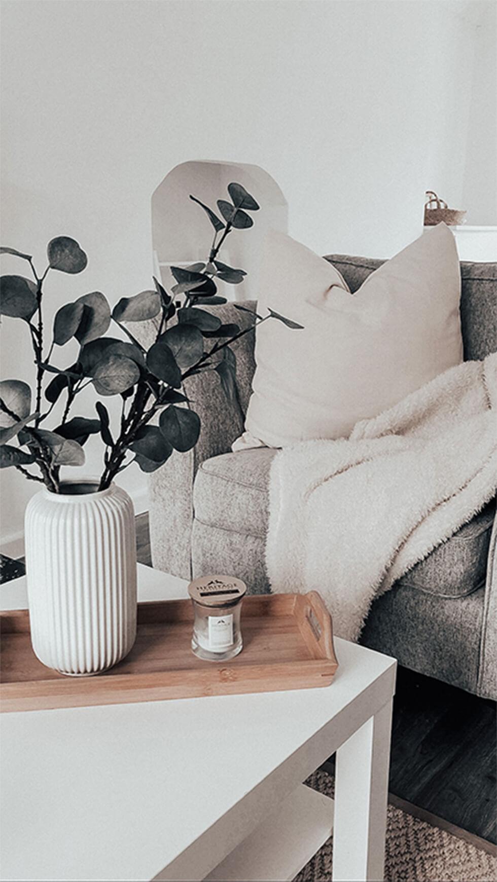 Cosy monochrome living room with soft white cushion and throw and eucalyptus leaves