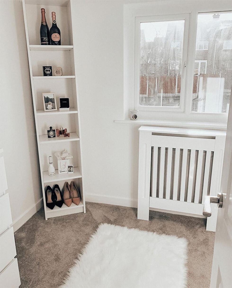 Side by side image of shelves displaying decor and a large antique mirror