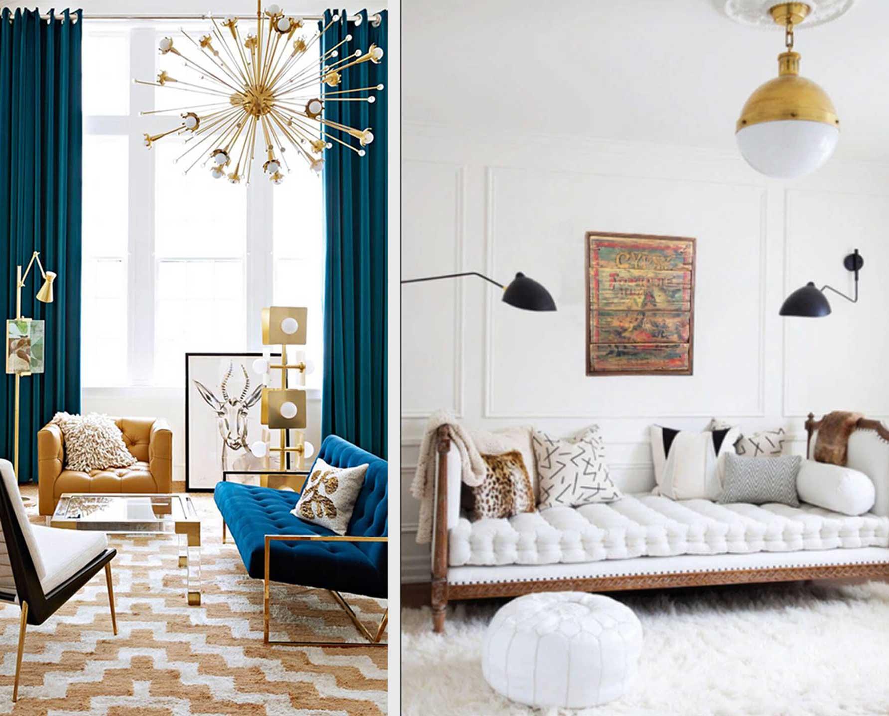  Unique lighting fixtures with a bright and airy living room design.