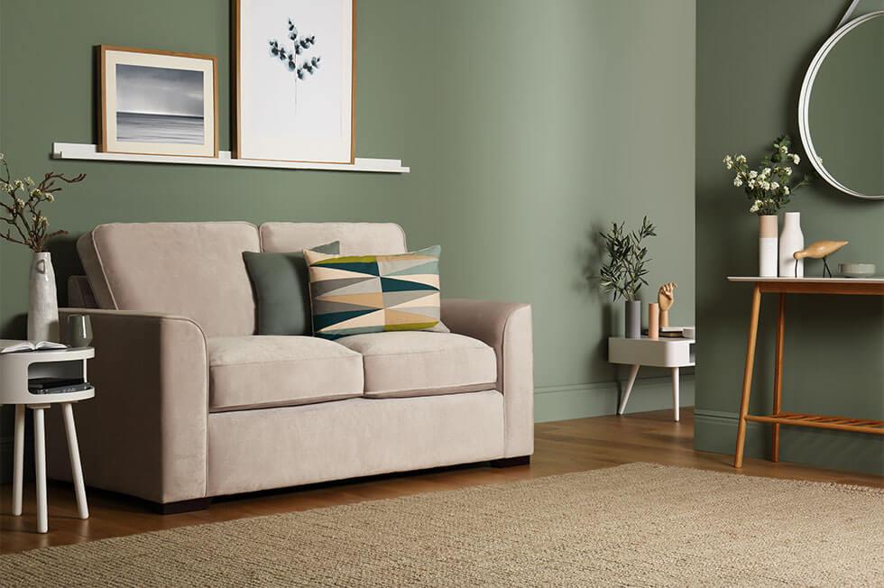 Small living room ideas with sage green colour scheme.