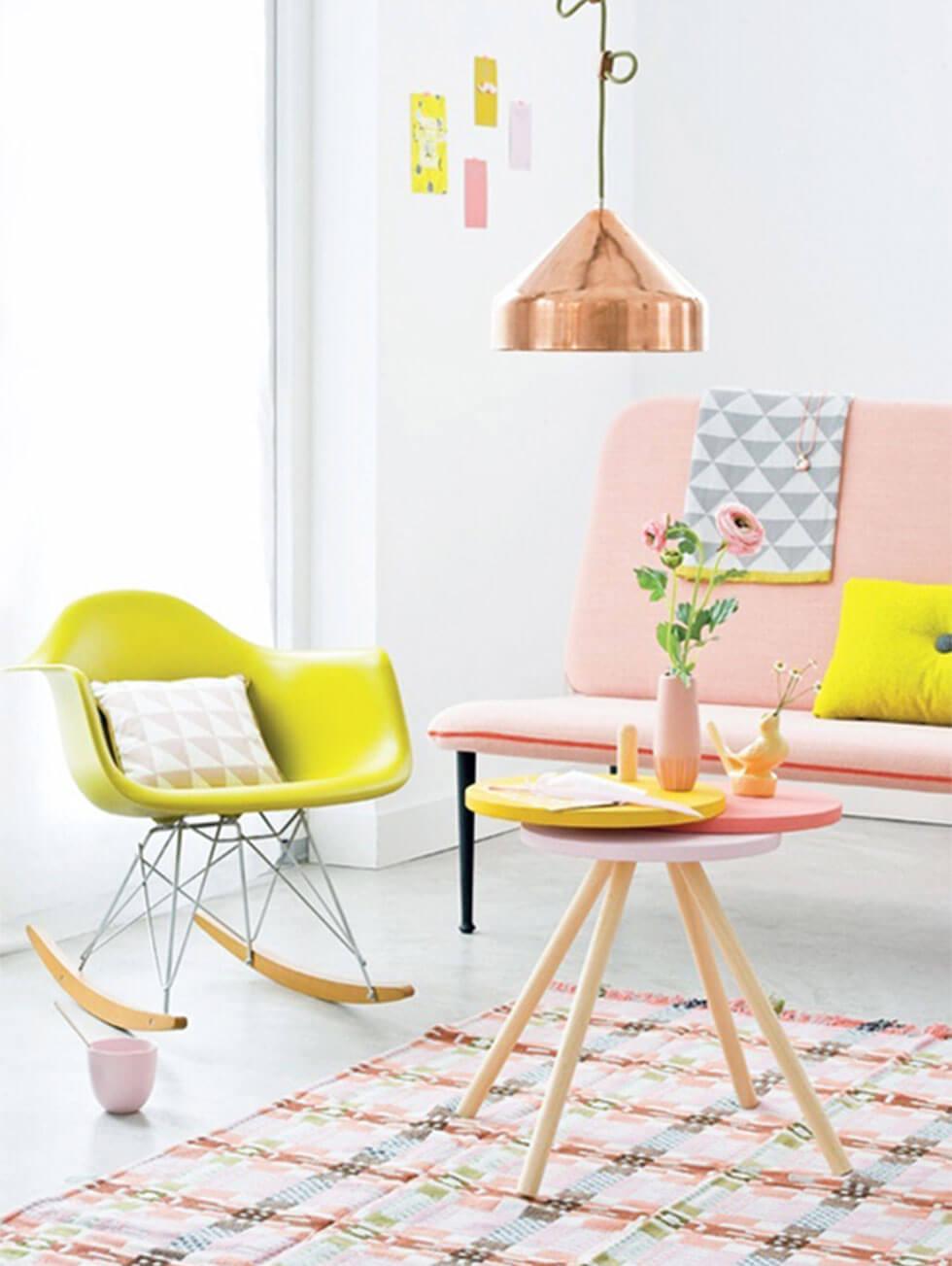 Yellow furniture with metallic accessories in a contemporary living room