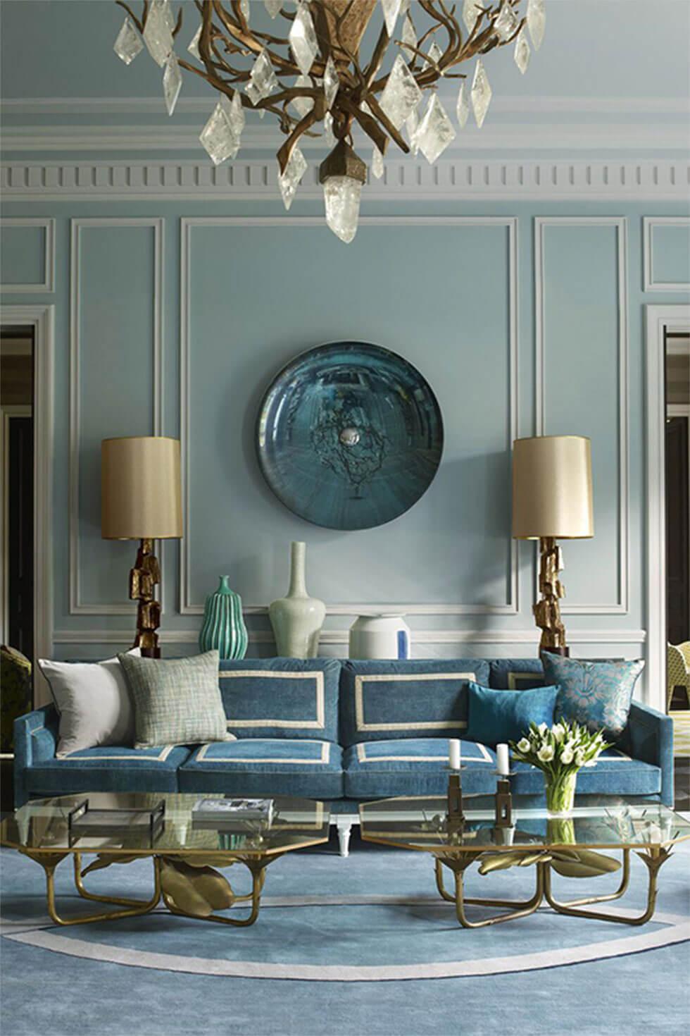 Light blue living room walls in a vintage-inspired classic home.