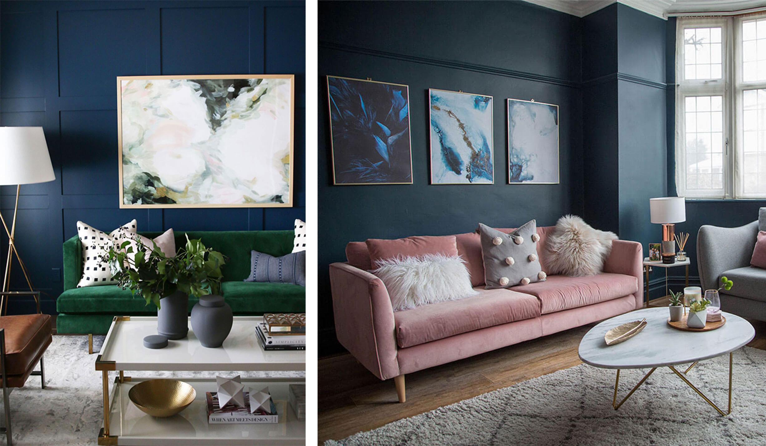 Dark blue living room walls with a soft contrast sofas
