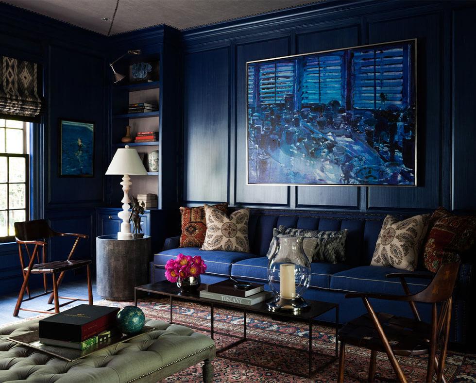 Modern Dining Room And Living Room Dark Blue